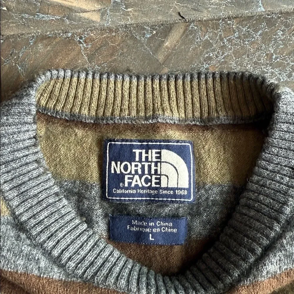 The North Face Wool Cotton Blend Long Sleeve Sweater - Stripes gray brown - L